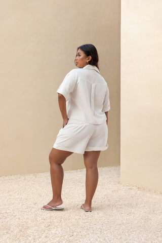 Rawbought Terra Linen Lounge Short Sleeve Shirt in soft linen-viscose blend, classic button-down design with hidden placket for seamless style, available in sizes XS to XXXL in Coal and Sand.