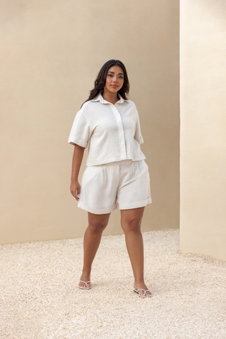 Rawbought Terra Linen Lounge Short Sleeve Shirt in soft linen-viscose blend, classic button-down design with hidden placket for seamless style, available in sizes XS to XXXL in Coal and Sand.