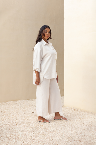 Rawbought Terra Linen Relaxed Fit Long Sleeve Shirt in soft linen-viscose blend, loose fit with high-low hem, perfect for layering or wearing solo, available in sizes XS to XXXL in monochromatic colours Coal and Sand.