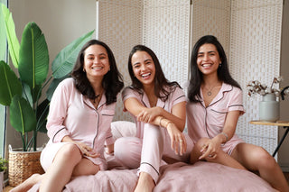 Founders of Rawbought, the Faruq Sisters, in their launch collection, Je Dors light pink sets.