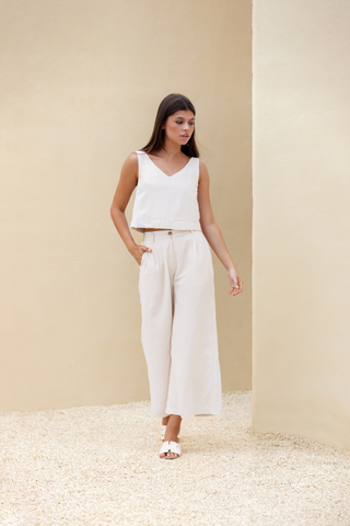 Rawbought Terra Wide Leg Trousers with high waist and flowing silhouette, featuring zipper, elasticated back, and pockets, crafted from soft linen blend, available in sizes XS to XXXL in Coal and Sand.