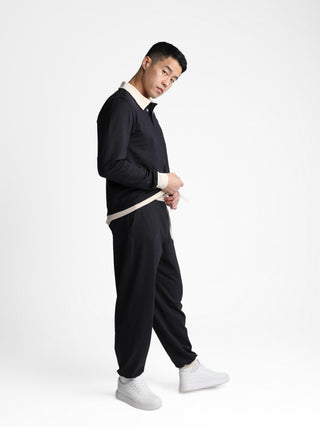 Unisex cotton-modal joggers with tapered legs, deep pockets, drawstring elasticated waist, and soft structure.