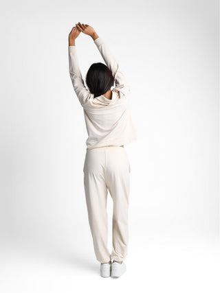 Unisex cotton-modal joggers with tapered legs, deep pockets, drawstring elasticated waist, and soft structure.