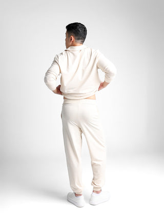 Unisex cotton-modal joggers with tapered legs, deep pockets, drawstring elasticated waist, and soft structure.