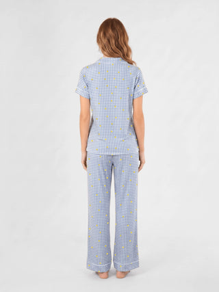 Je Dors Long Pajama Pants with Blue Gingham and lemon print back view