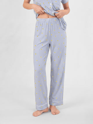 Je Dors Long Pajama Pants with Blue Gingham and lemon print close up view