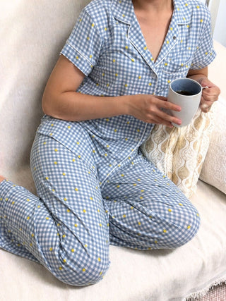 Rawbought SundayCitrus Pyjamas Long Pants with Blue Gingham and Lemon Print