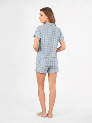 Blue and white gingham pajamas top with fresh yellow lemon print by Rawbought Singapore