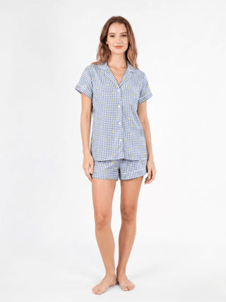 Rawbought Modal Pyjamas in Blue Gingham with lemon prints.